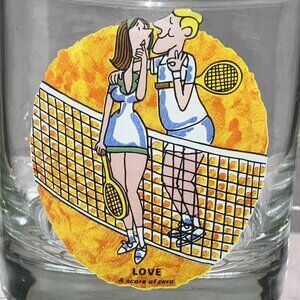 Set of 4 Vintage Ashby Cartoon Tennis Low Ball Whiskey Tumbler Rocks Glasses 70s